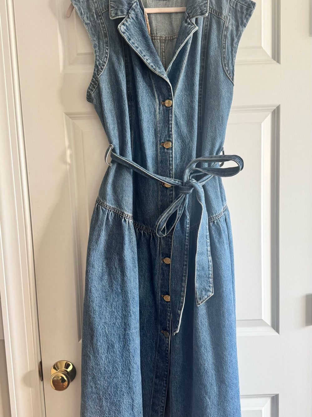 Sleeveless Midi Denim Button-Front Dress with Waist Tie - Blue